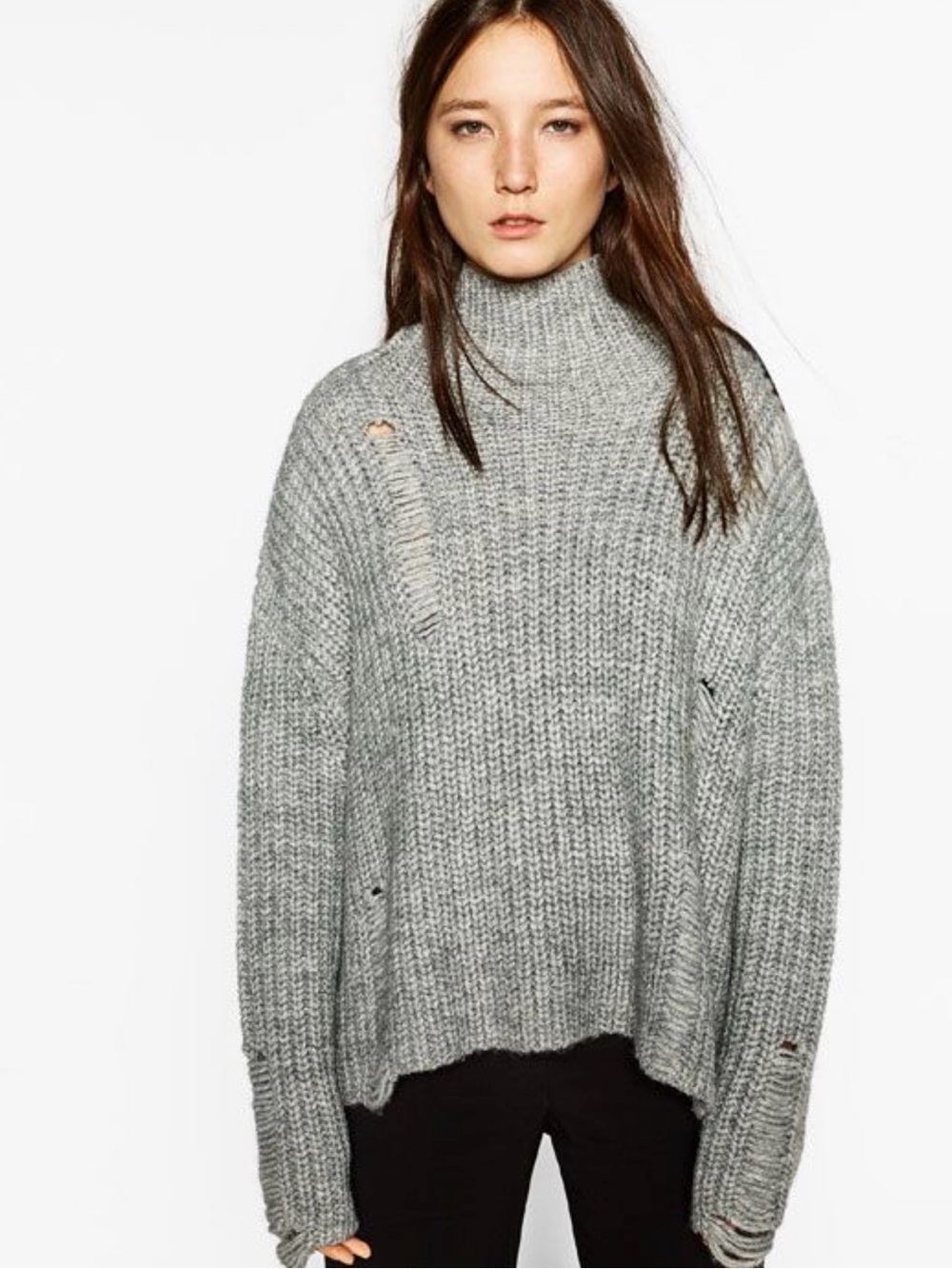 Zara Light Grey Distressed Chunky Turtleneck Sweater